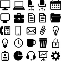 Set of office icon including computer chair calendar document and lightbulb in simple black style for business use