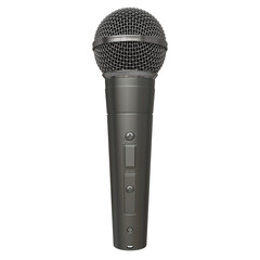 A gunmetal gray dynamic microphone with a metallic mesh grille, cylindrical body, and two small rectangular buttons on its side, presented against a pure black backdrop