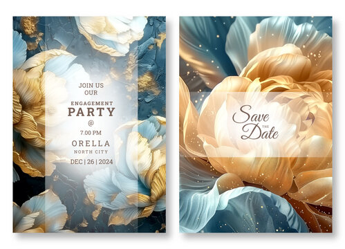 Wedding invitation template, business brochure template, luxury gold and blue floral art flyer design, universal background, versatile vector background, creative brochure template, party invitation - Powered by Adobe