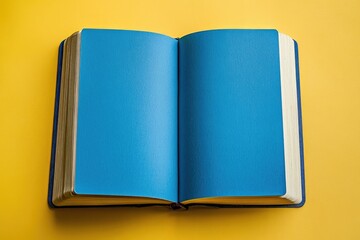 Ultra Quality Picture of an Open Blue Pages Notebook on Yellow Textured Backdrop