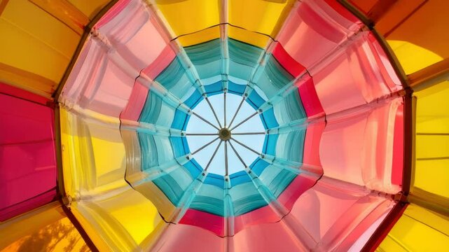 Colorful umbrella on a clear blue day.