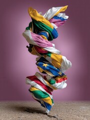 Colorful Fabric Tangles with Flags Spinning in Air Against Pink Background