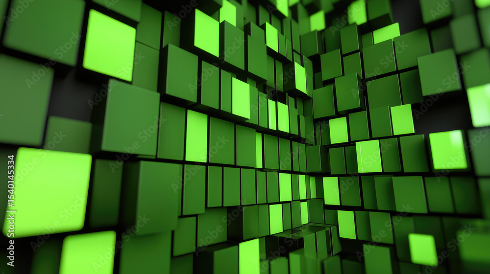 Poster Green glowing cubes form dynamic abstract matrix wall, creating futuristic digital atmosphere with depth and energy