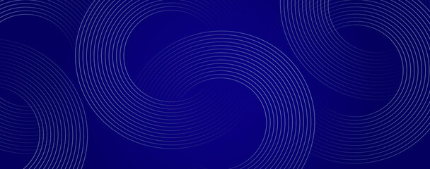 Abstract glowing circle lines on dark blue background. Geometric line art design. Modern shiny blue lines. Futuristic technology concept. Suitable for posters, covers, banners, flyers, websites, etc.
