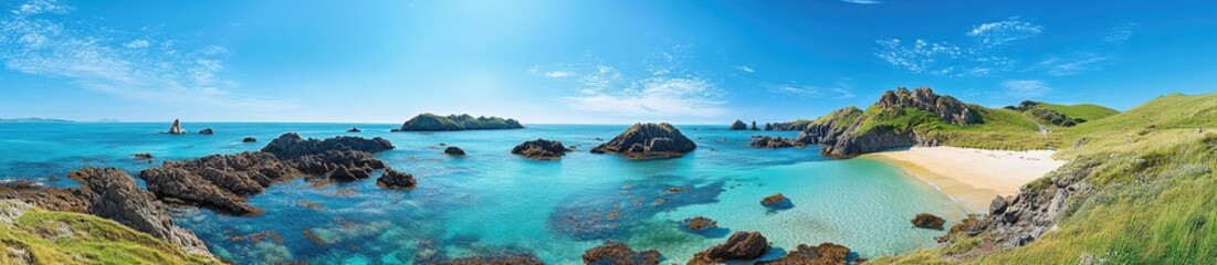 Naklejka premium Panoramic coastal view of a tranquil beach with turquoise water and rocky shoreline
