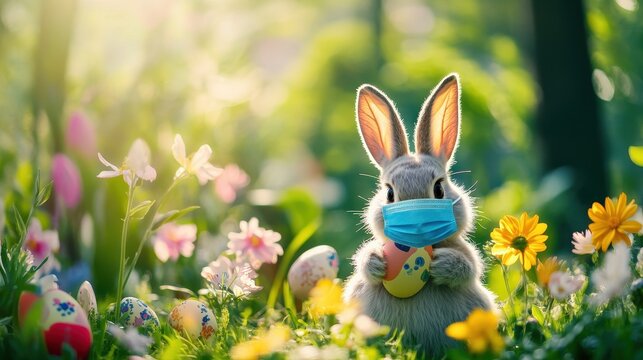 Easter Covid. 2021 Easter Bunny in Face Mask Among Spring Flowers Cancelled by Virus