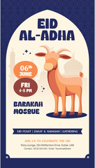 Eid Al-Adha Mubarak Illustration Story Design with Sacrificial Goat and Mosque