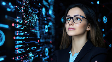 Confident businesswoman with glasses analyzing futuristic digital data interface, technology innovation concept