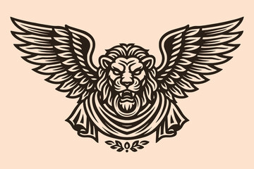 Obraz premium Winged lion head heraldic bold line vector illustration