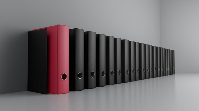row of black office binders with only one red binder concept of standing out in business