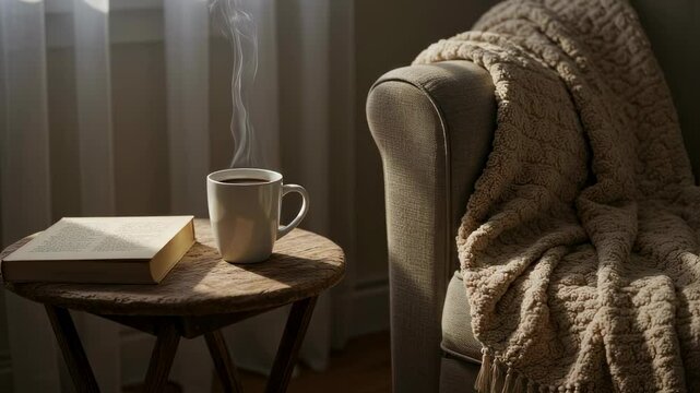 Steaming coffee mug and an open book on a wooden table next to an armchair with a blanket, creating cozy morning atmosphere footage.