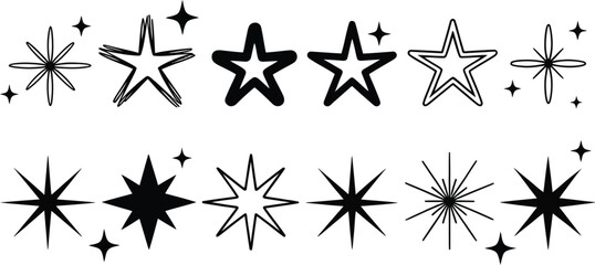 Collection of various star shapes in black and white against a white backdrop