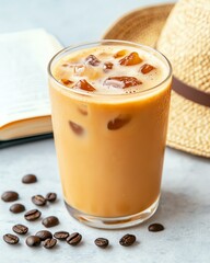 A refreshing glass of iced coffee with coffee beans scattered nearby. Perfect for a warm day, paired with a book and a stylish straw hat.