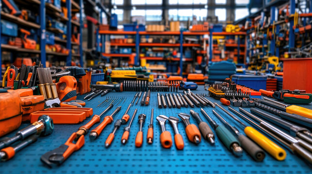 High angle shot of assorted hand tool, screwdriver, wrench, plier, socket, and drill on steel workbench
