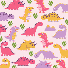 funny cute cartoon dinosaur seamless pattern illustration design for kids apparel