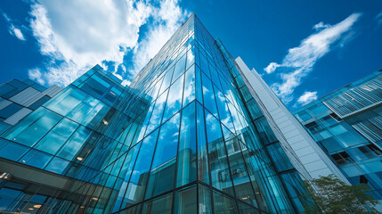 Modern glass office tower with clean lines in a business district, symbolizing professionalism and urban sophistication.