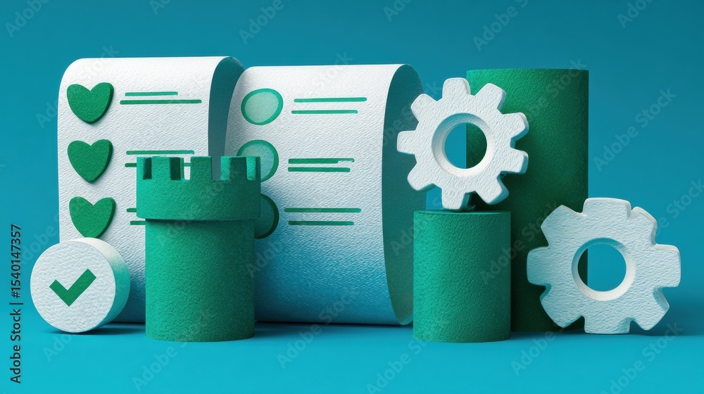 Poster creative paper cutout-style security checklist featuring layered technology symbols on a vibrant bac