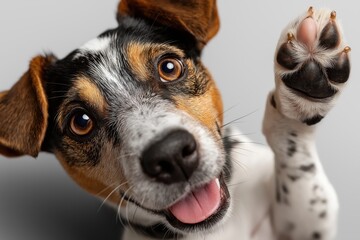 Cheerful dog giving a high-five gesture while sitting against a clean white background, perfect for playful and engaging moments