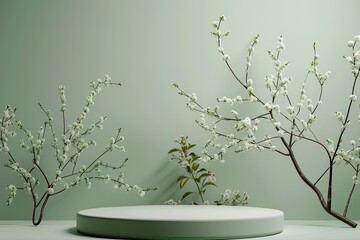 Premium Quality Picture of Green Spring Mockup, Product Display Podium, Bloom Branches