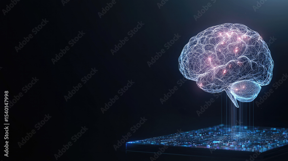 Poster hologram brain floating above digital table, glowing neural network, futuristic technology, innovati