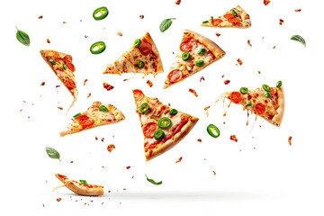 Clear Pixel Image of Pieces of Pizza Flying Isolated on White Background