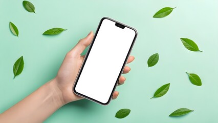 Smartphone Mockup with Blank Screen on Mint Green Background and Green Leaves &ndash; Nature-Inspired Tech Display

