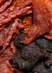Meat snacks jerky isolated close up macro texture diverse
