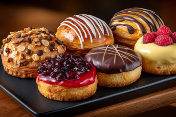 Assorted Gourmet Brioche Pastry On Black Plate Delicious Dessert Treat Food