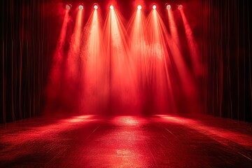 dramatic red stage backdrop with a focused spotlight at the center, ideal for premium product launches, Generative AI
