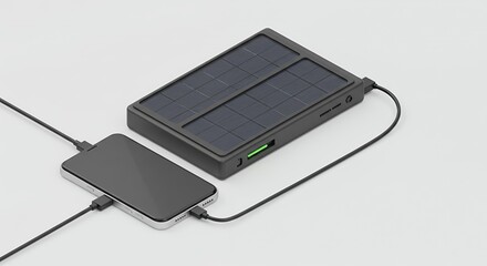 Gray and Black Solar Powered Charger Connected to Device on White Background Promoting Portable Power and Sustainable Energy