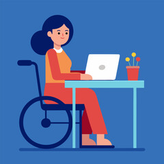 Cartoon vector of a young woman in wheelchair working on laptop at a desk, modern style, clean background
