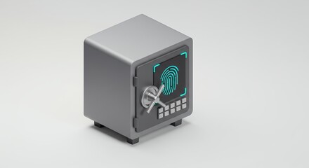 Gray Steel Safe with Blue Fingerprint Scanner on White Background Isolated