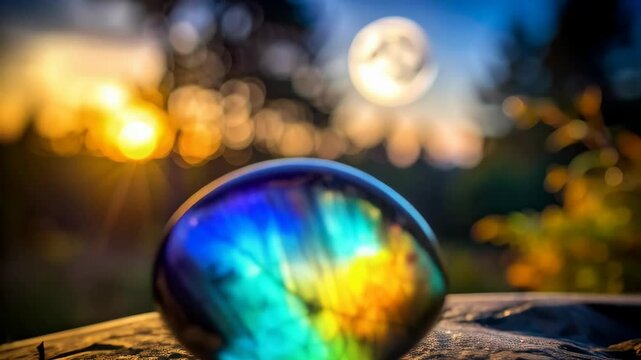 Polished labradorite gemstone resting on a rock surface in a dreamy, outdoor setting with blurred trees and natural bokeh lights.
