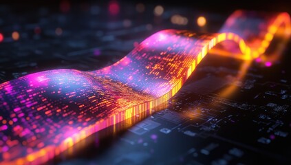 Abstract glowing ribbon of data on a circuit board