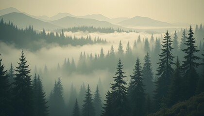 morning mist in the mountains / Misty sunrise over forested mountain landscape in the morning light