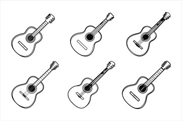Naklejka premium Six Black and White Acoustic Guitars Line Art Illustration