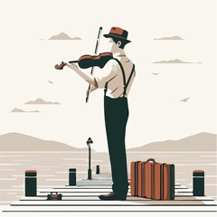 image of a man playing the violin on a pier with a simple and minimalist flat design using a white background