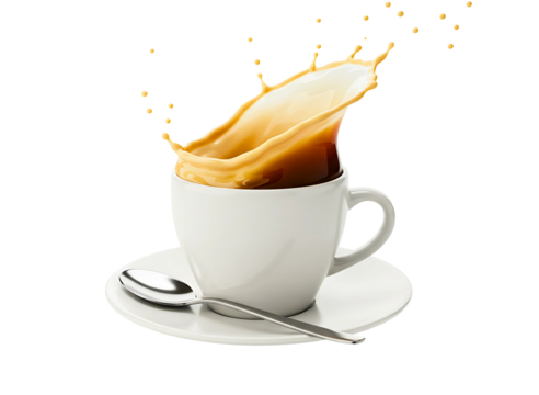 Coffee splash in white cup and saucer isolated on transparent background