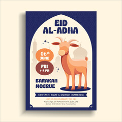 Eid Al-Adha Celebration Flyer with Goat and Mosque Silhouette