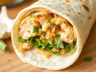 Close up of a chicken wrap with lettuce and sauce on a wooden board ready to be eaten for lunch