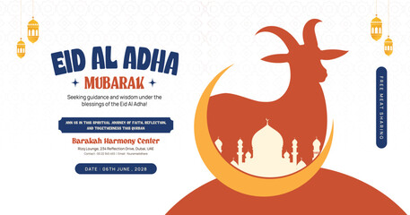 Eid Al-Adha Mubarak Banner with Goat Silhouette and Mosque