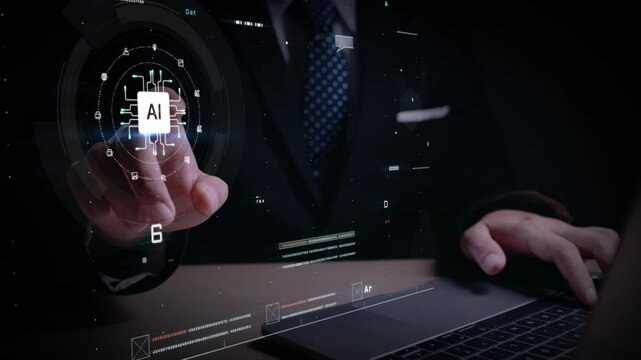 Businessman interacting with futuristic AI interface on laptop, visualizing data mining, machine learning, and digital analytics in a high-tech environment - Powered by Adobe
