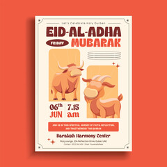 Eid Al-Adha Mubarak Flyer with Sacrificial Cow and Goat