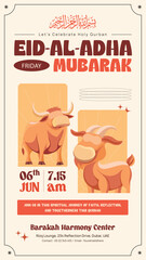 Eid Al-Adha Mubarak Illustration Story Design with Sacrificial Cow and Goat
