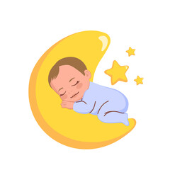 Adorable vector cartoon illustration of a baby boy in blue pajamas peacefully sleeping on a fluffy moon with three stars. Drawing for nursery prints, baby products, and calming bedtime themes