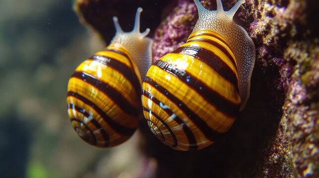 Aquarium Snails: Yellow and Brown Striped Ampularia Eating Algae on Aquarium Walls