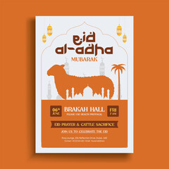 Eid Al-Adha Mubarak Flyer with Sheep Silhouette and Mosque