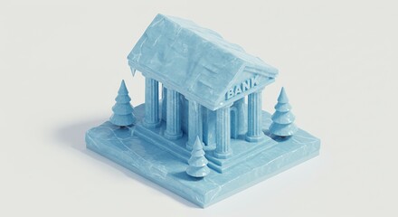 Icy Bank Building Isometric Pixelated Design with Christmas Trees on White Background