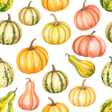 Seamless Pattern Harvest Bounty of Autumn: A colorful assortment of pumpkins and gourds, embodying the spirit of fall and the abundance of the harvest season. 
