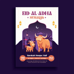 Eid Al-Adha Mubarak Celebration Flyer with Sacrificial Animals and Mosque